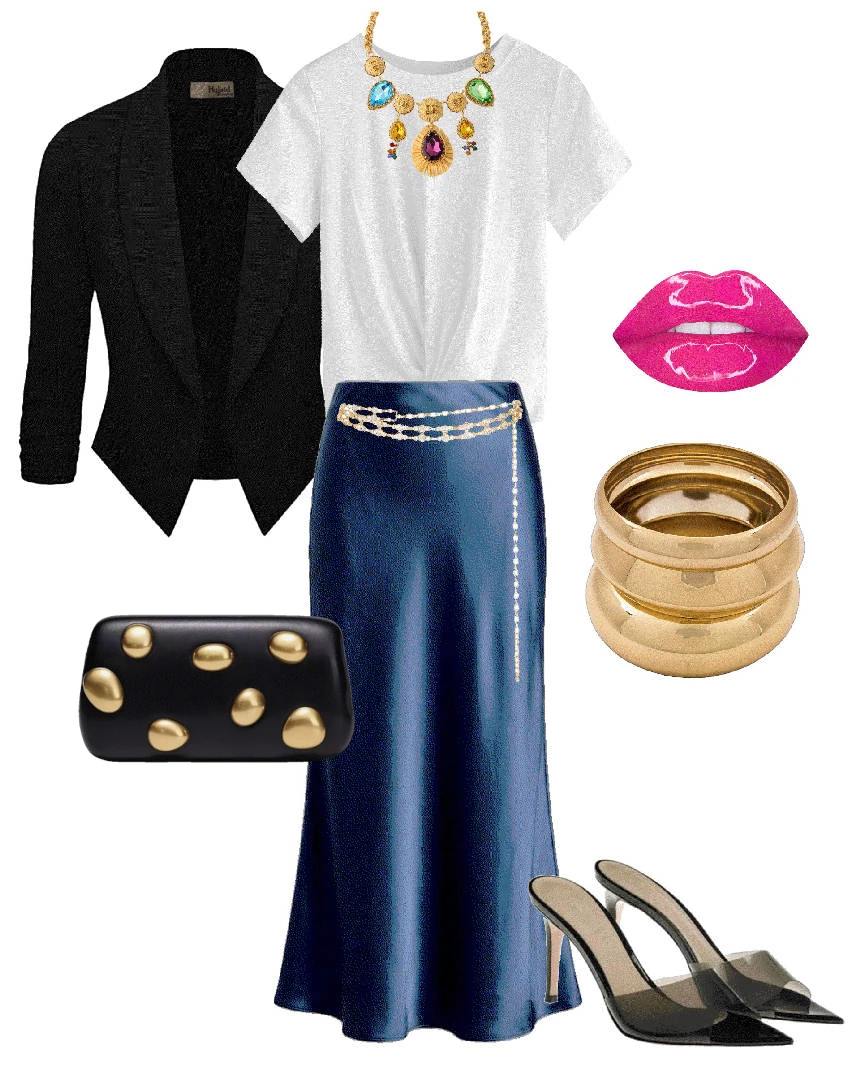 white tee over satin skirt