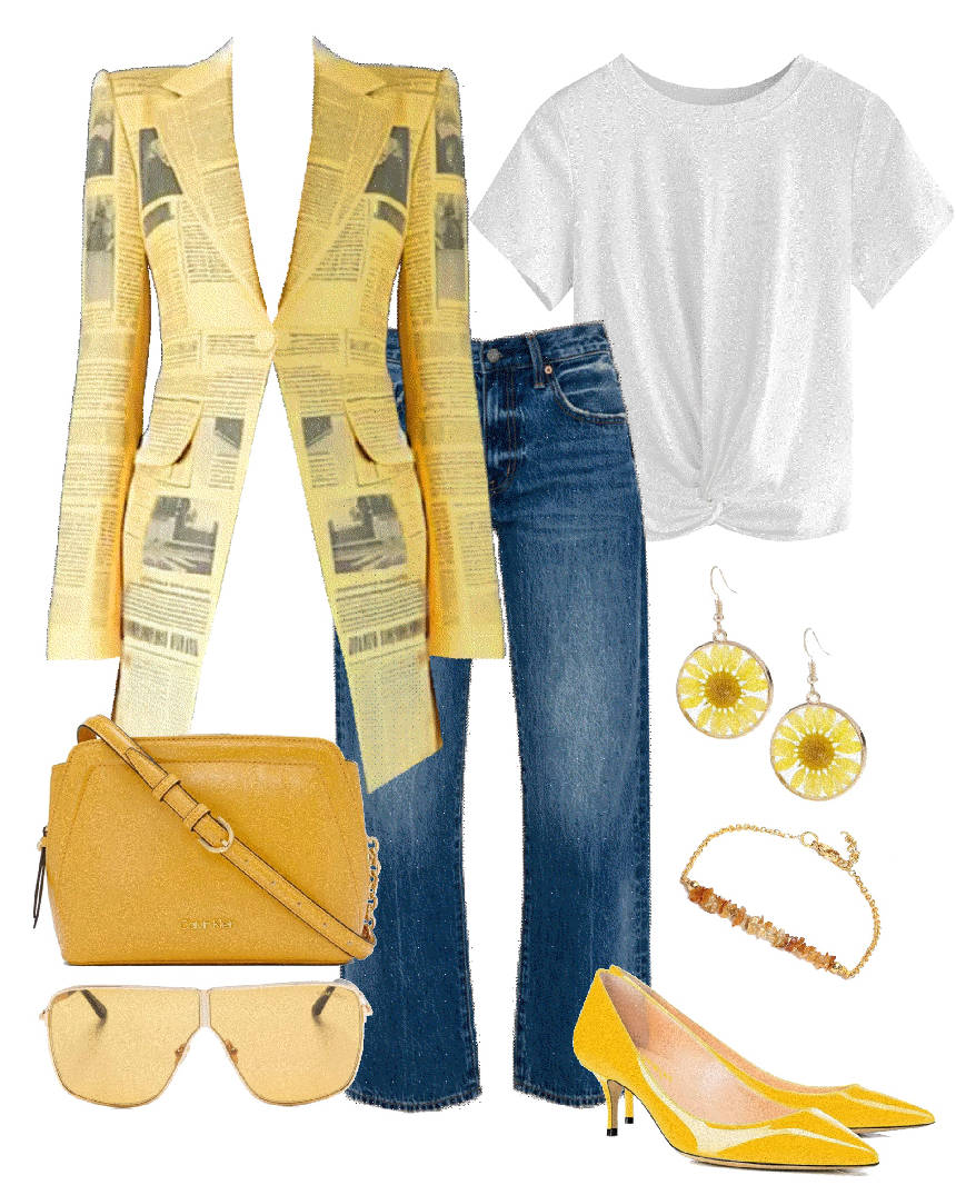 yellow kitten heel pumps with jeans and blazer