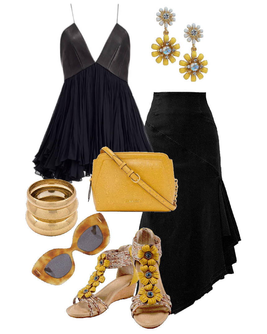 yellow wedges wuth flower detail al black outfit
