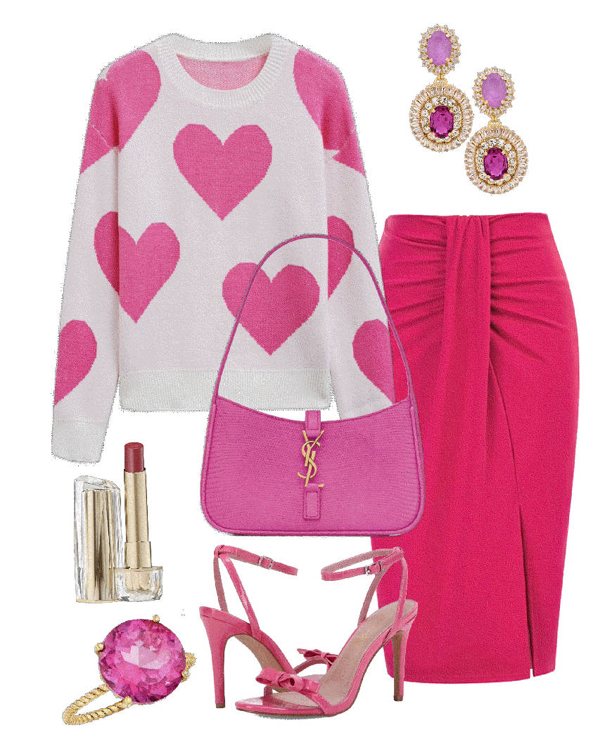 heart pink sweater with pink midi skirt