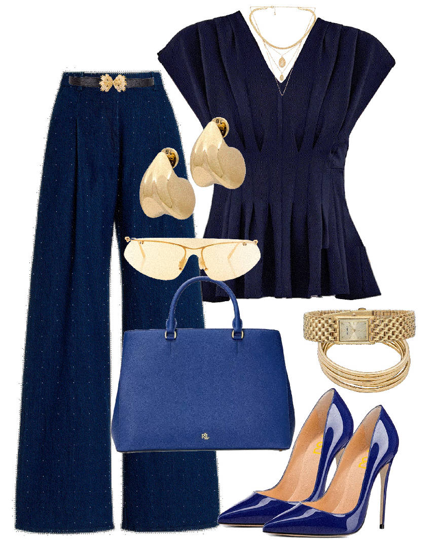 monochromatic blue wide leg pants and v-neck top