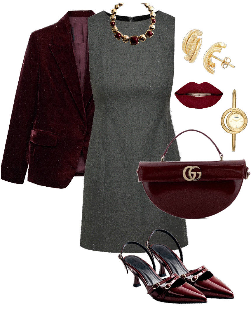 burgundy kitten heels with gray dress