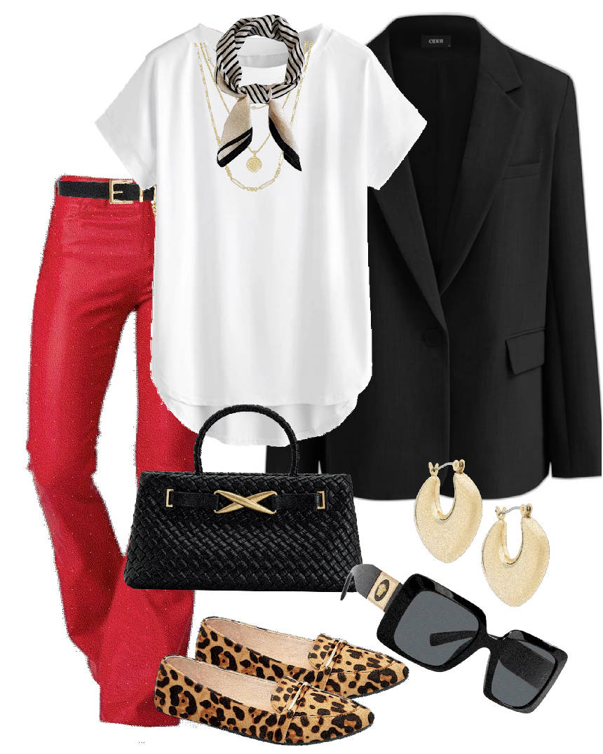 red leather pants white tee and animal print loafers