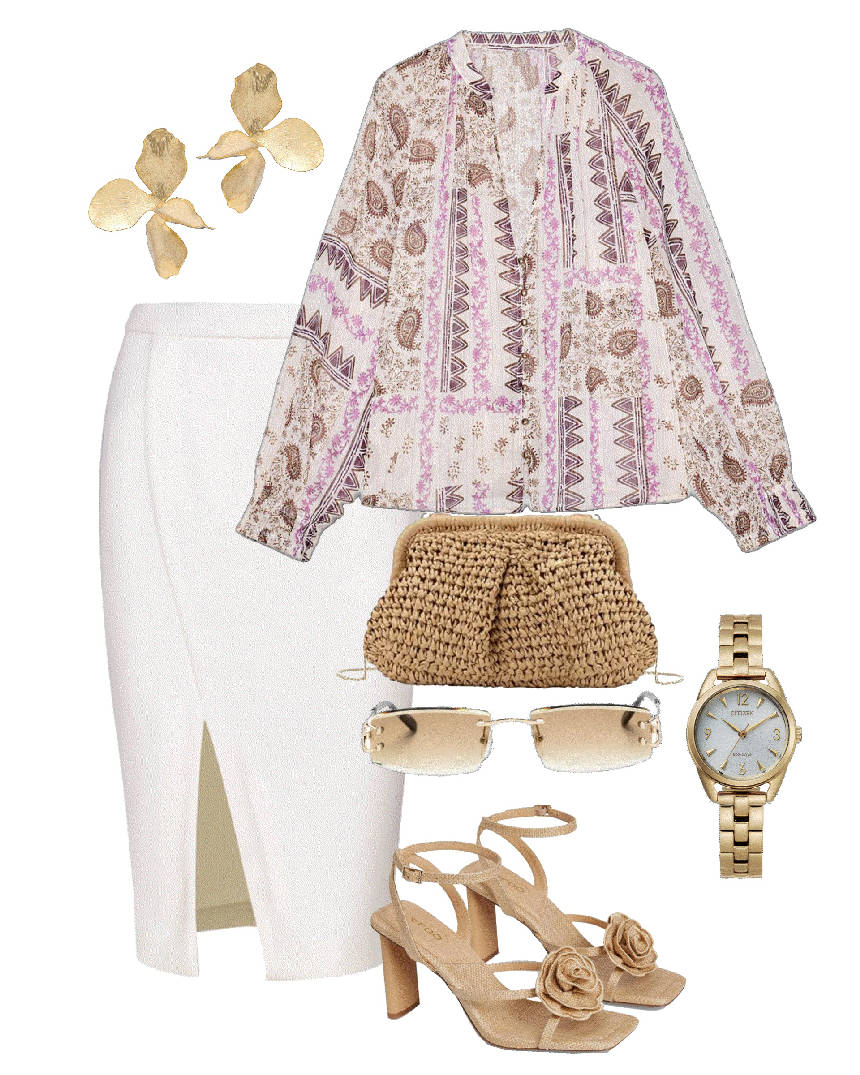 paisley blouse and white skirt