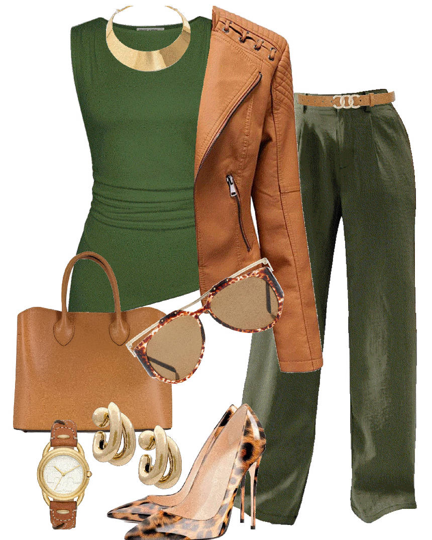 wide leg pants and gren top with jacket