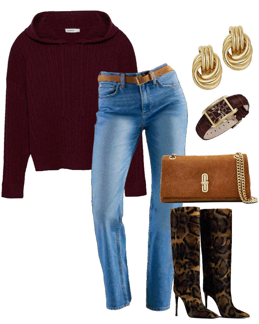 burgundy sweater and jeans