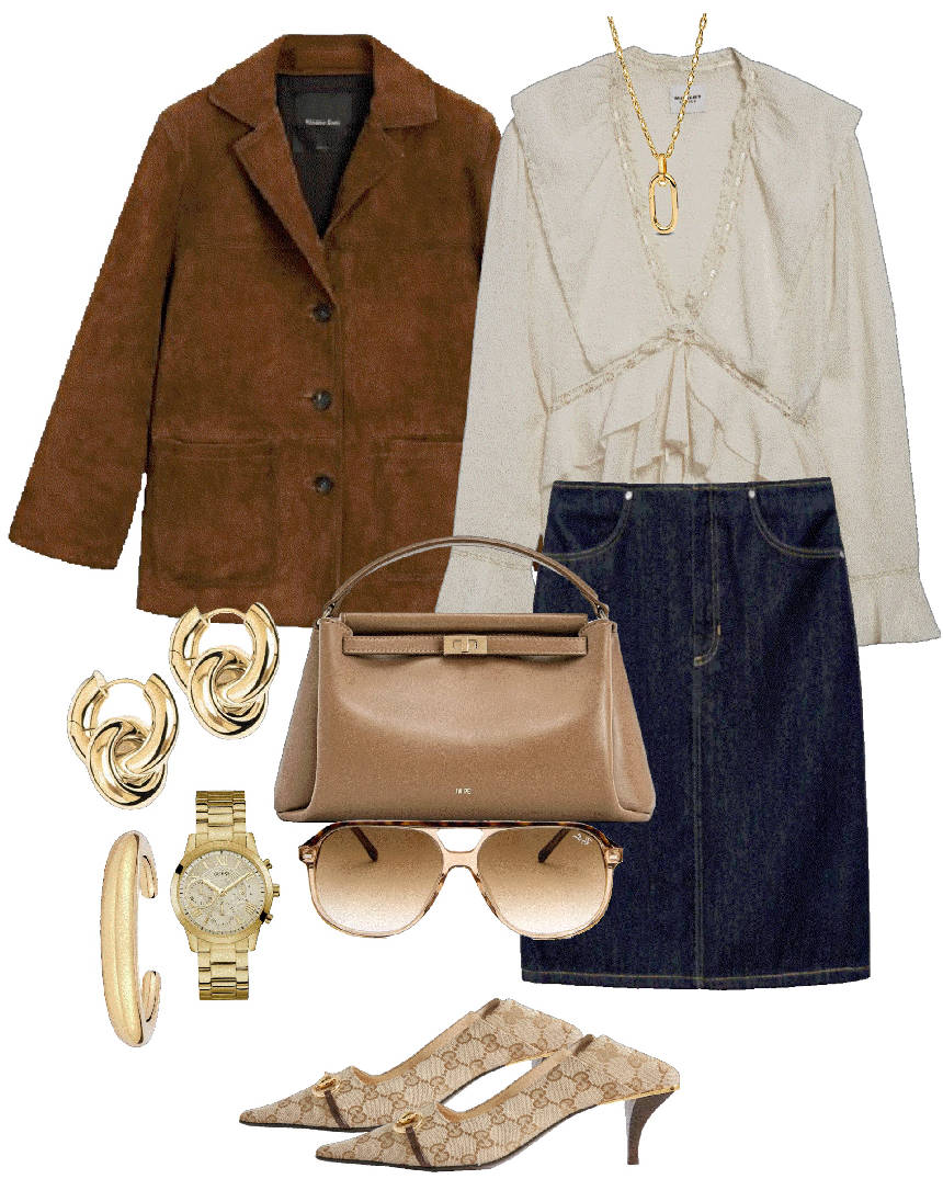 adding a suede jacket to denim skirt