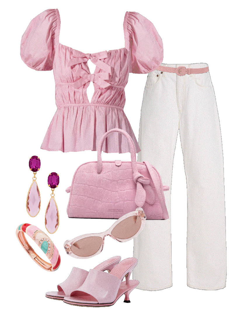 pink mules with white denim and pink top