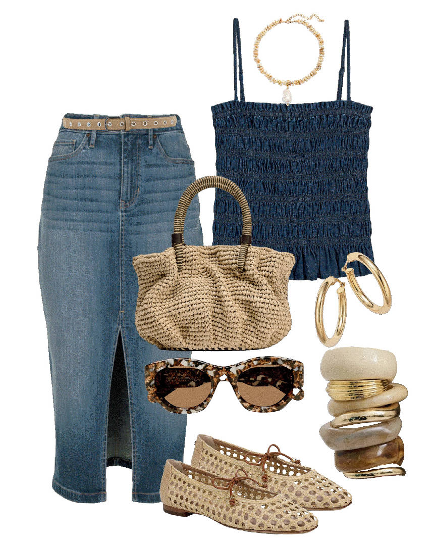 cute raffia bag denim skirt and top