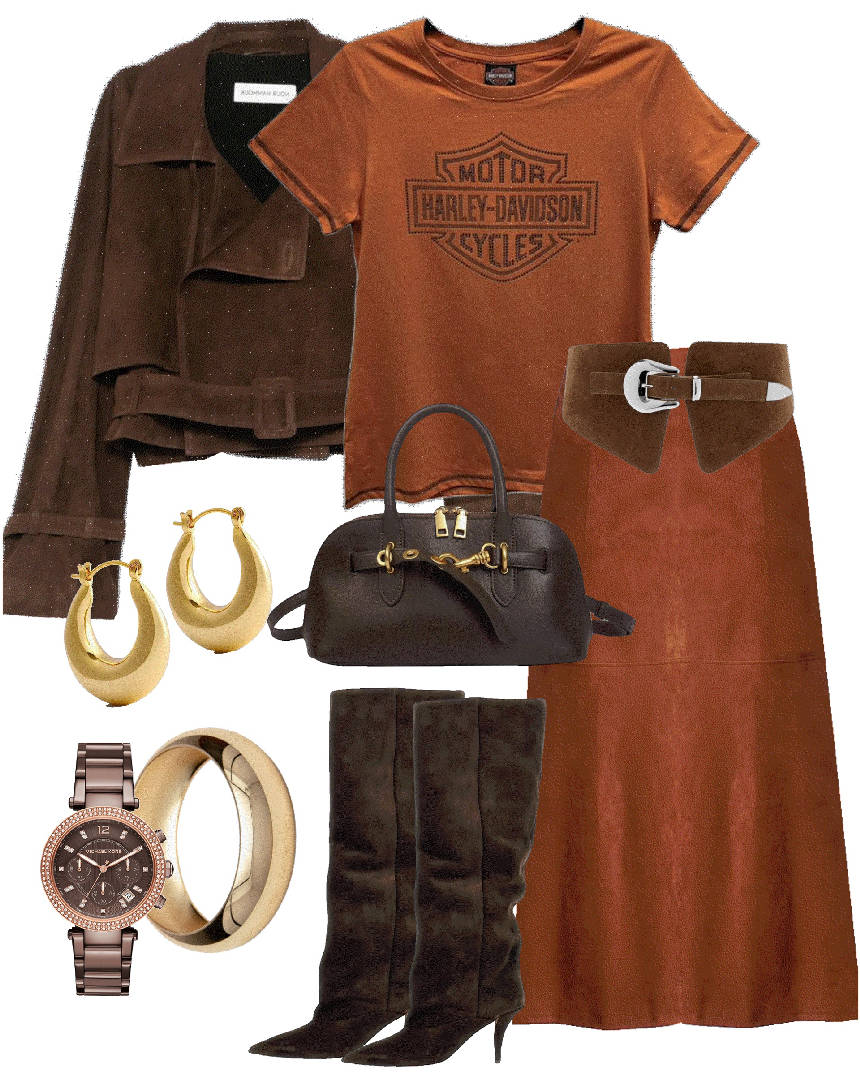 orange suede skirt and t-shirt with suede boots