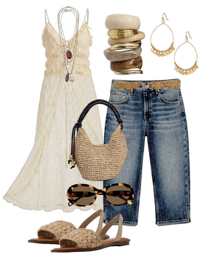capri jeans and raffia bag