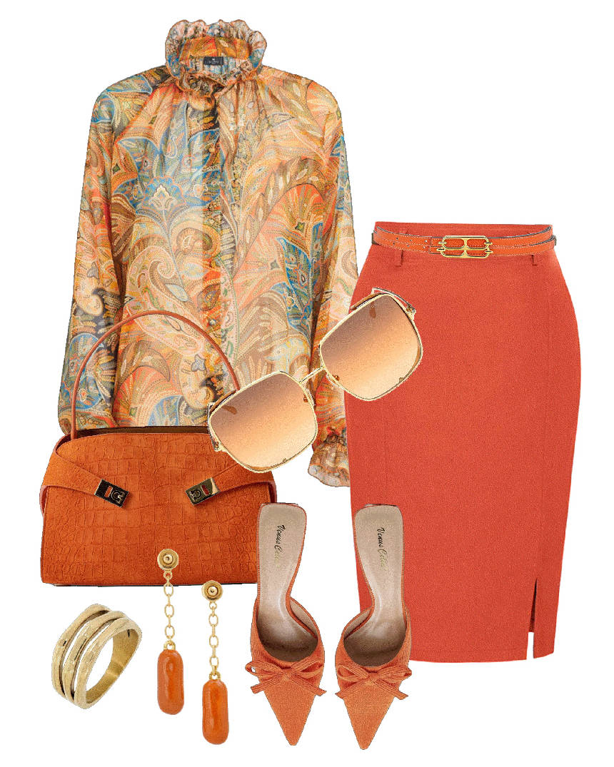 sheer top in print orange and pencil skirt