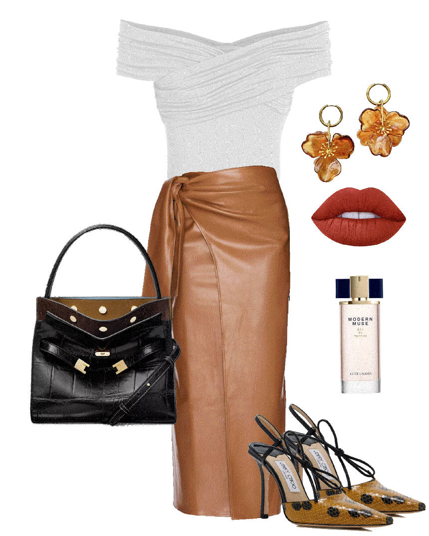 camel pencil skirt and off the shoulder top