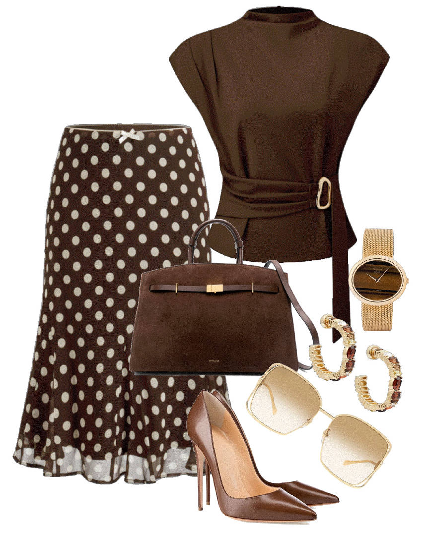 belted blouse and midi skirt with flare ant the end
