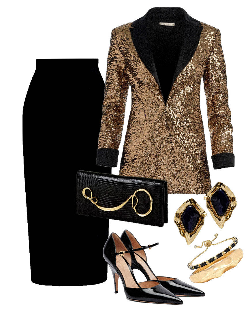 gold sequin blazer and black midi skirt