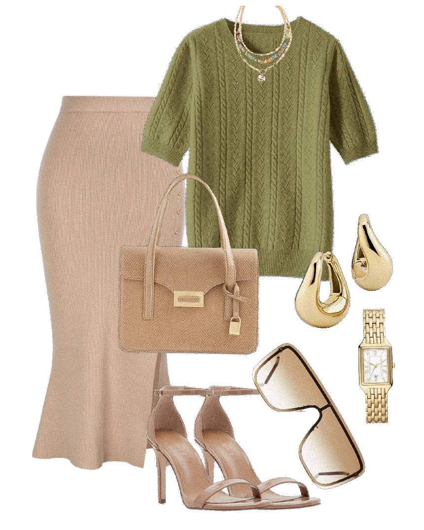 pastel green top styled with beige mermaid skirt