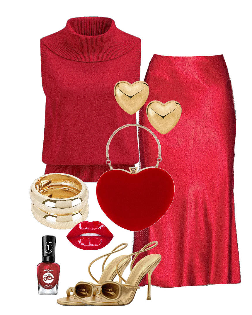 heart stud earrings and red outfit