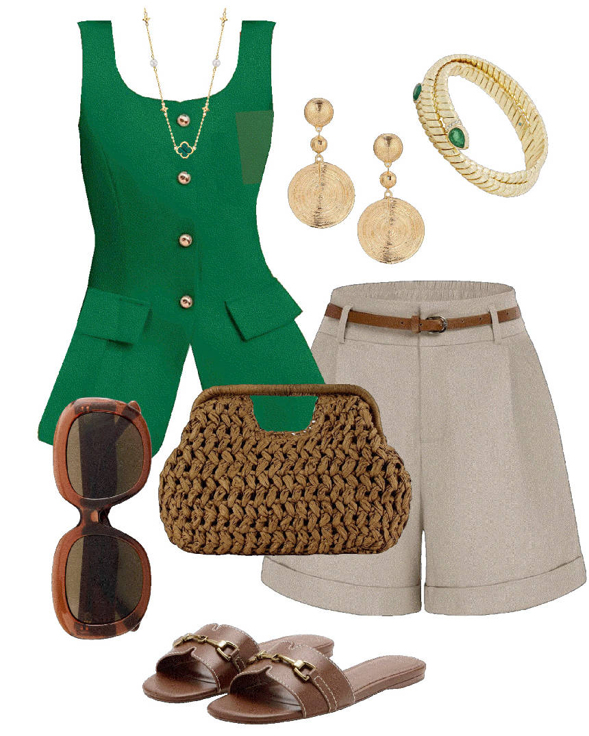 shorts and a vest with slide sandals