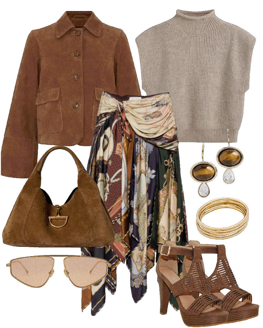 multicolor skirt suede jacket and tank top
