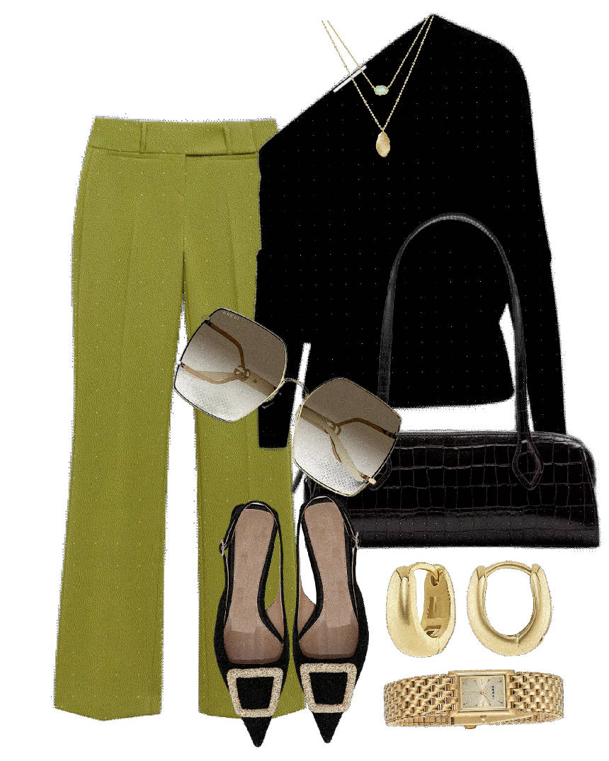 green pants and black one shoulder top