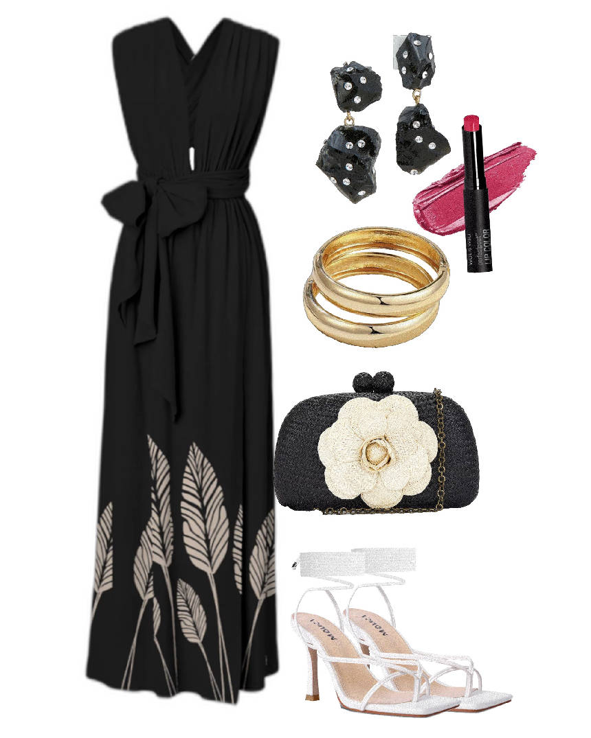 stylish black jumpsuit and black floral clutch