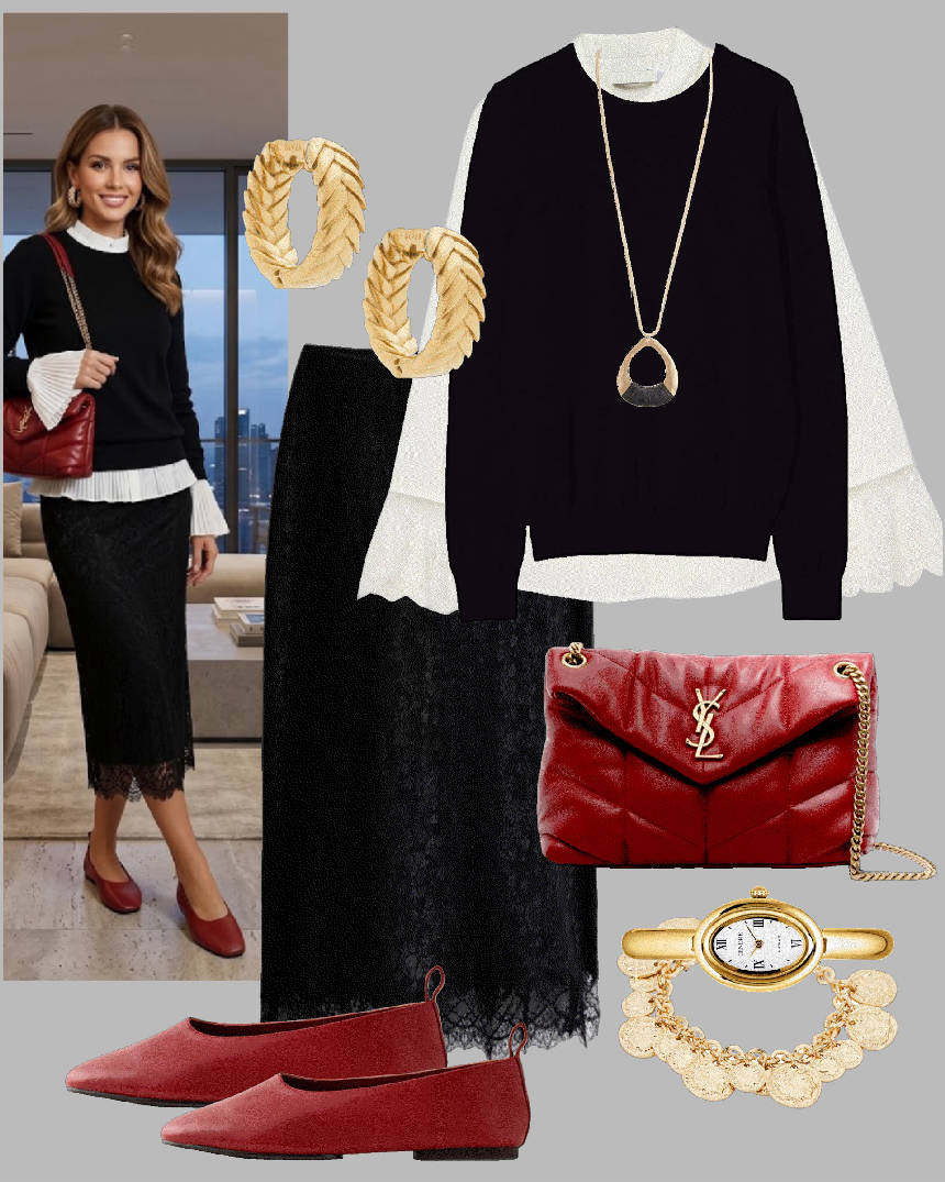 red flats and skirt