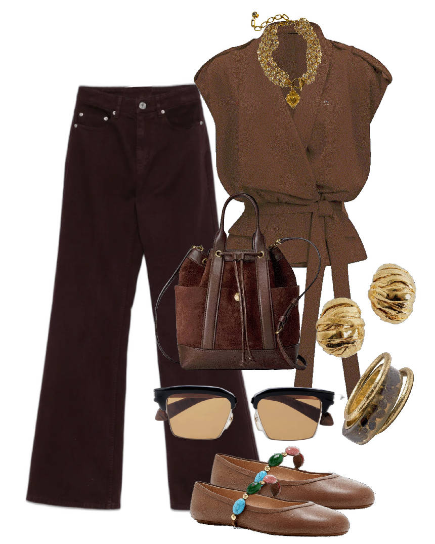 brown flare jeans belted top