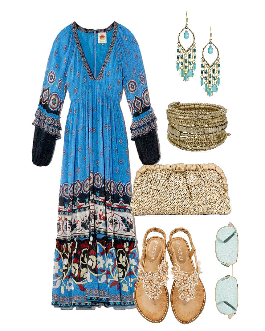 flat flipflop sandals and maxi bohemian dress