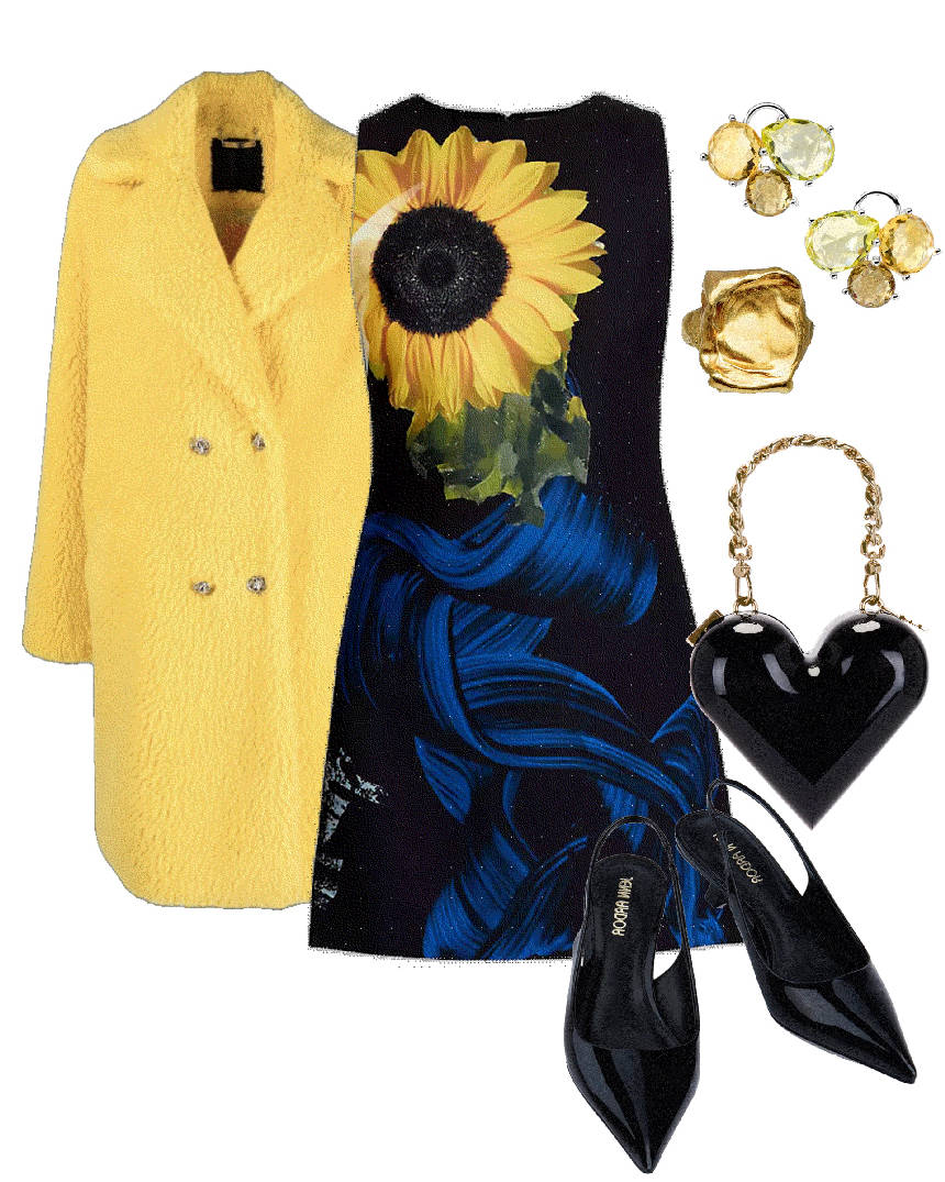 Loud print dress styled with yellow coat
