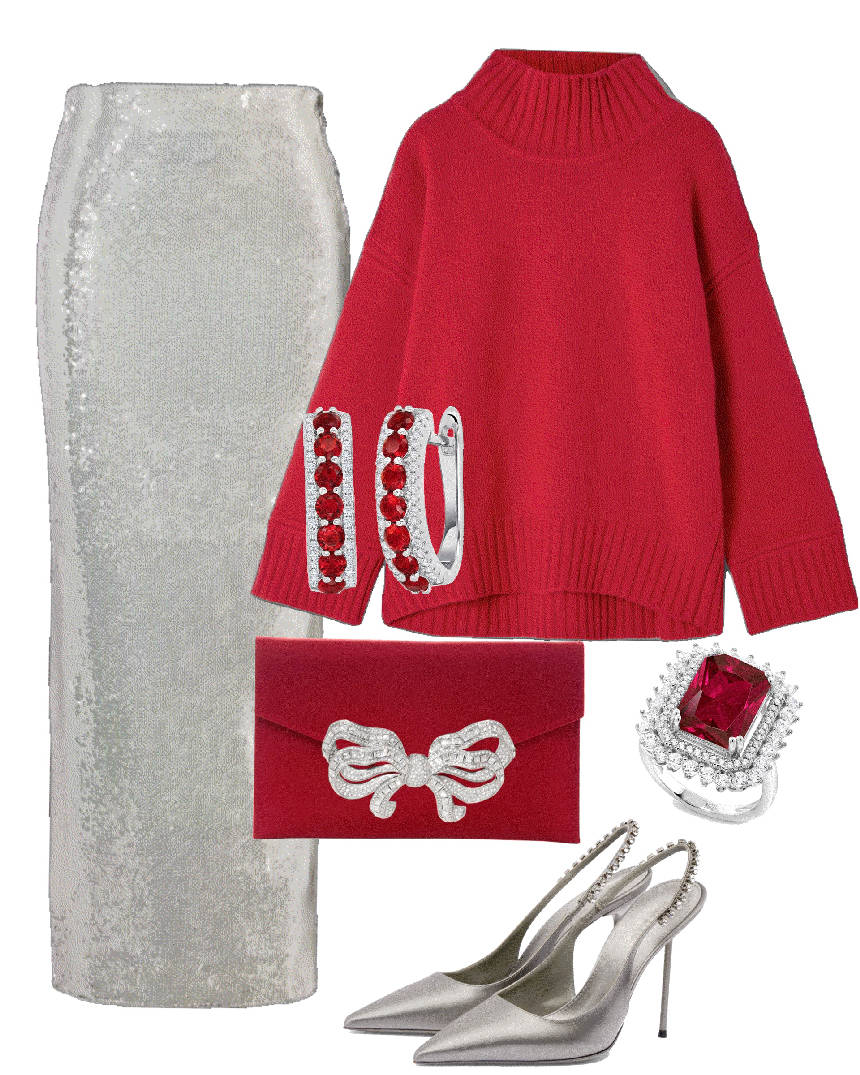 silver skirt and red sweater