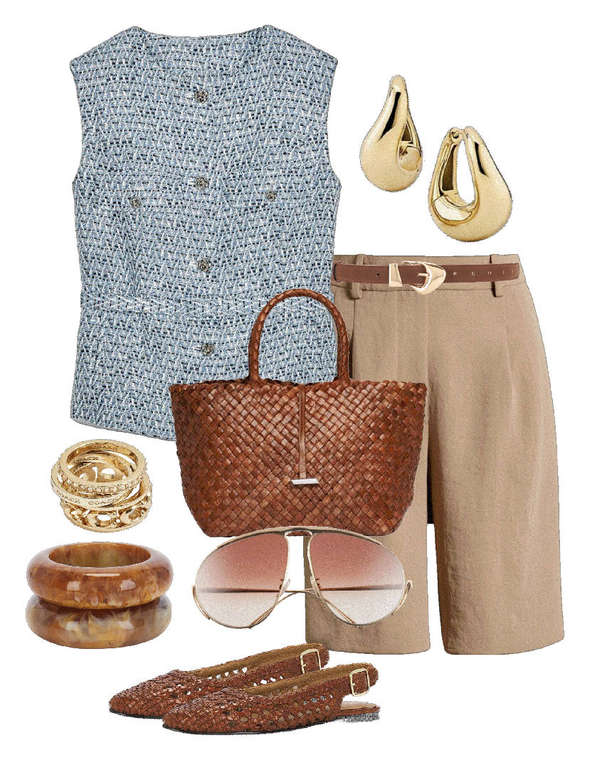 beige bermuda shorts and blue tweed vest