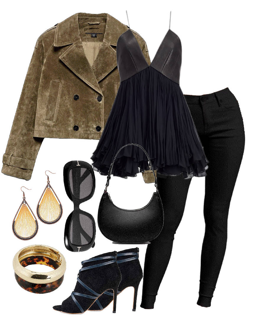 black jeans and top with brown blazer