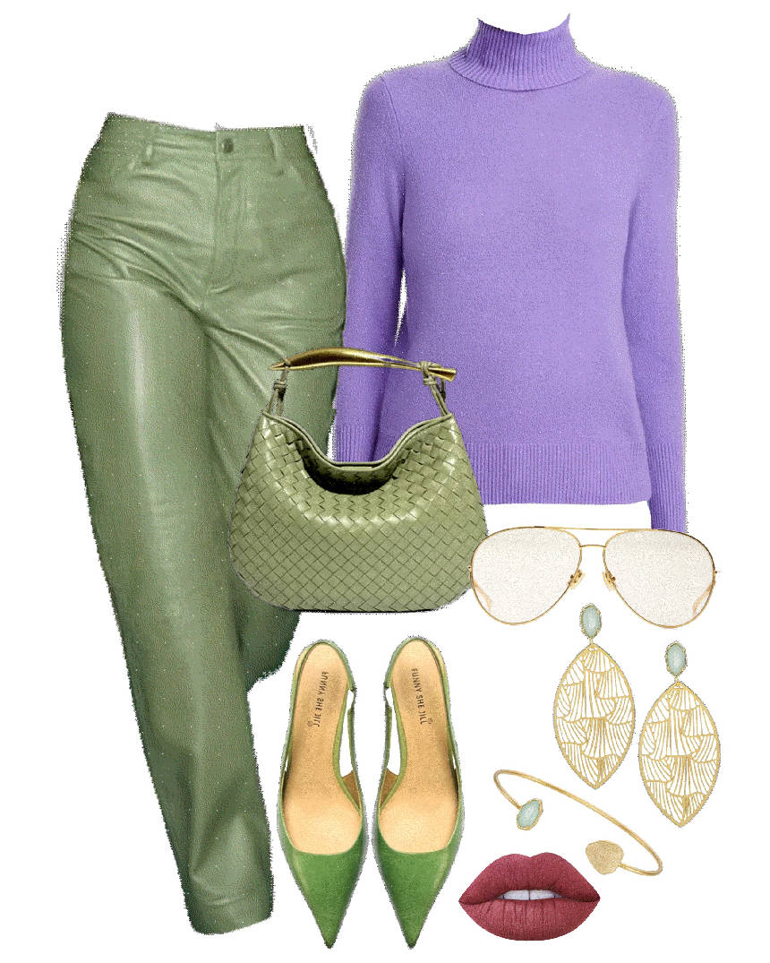 lilac turtleneck top and green pants