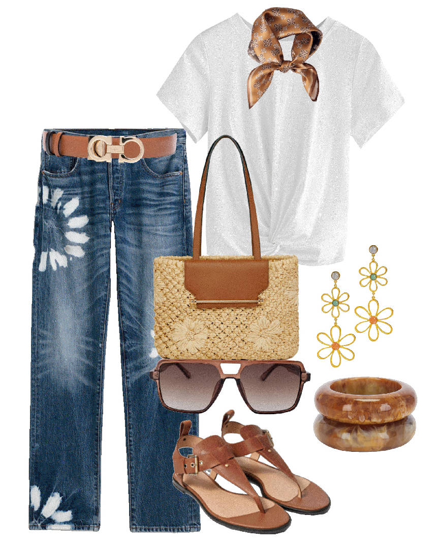 print jeans white tee and raffia bag