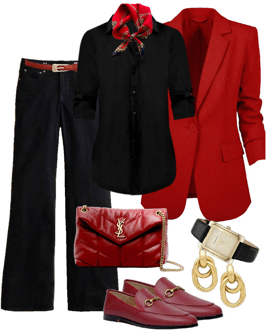 all black pants outfit with red loafers