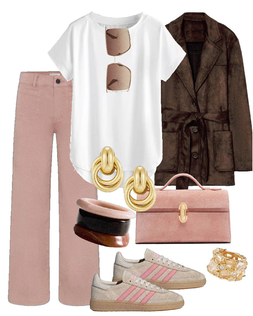 pink pants styled with brown blazer