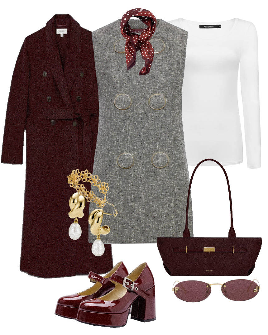 gray mini tweed dress with a white shirt underneeth