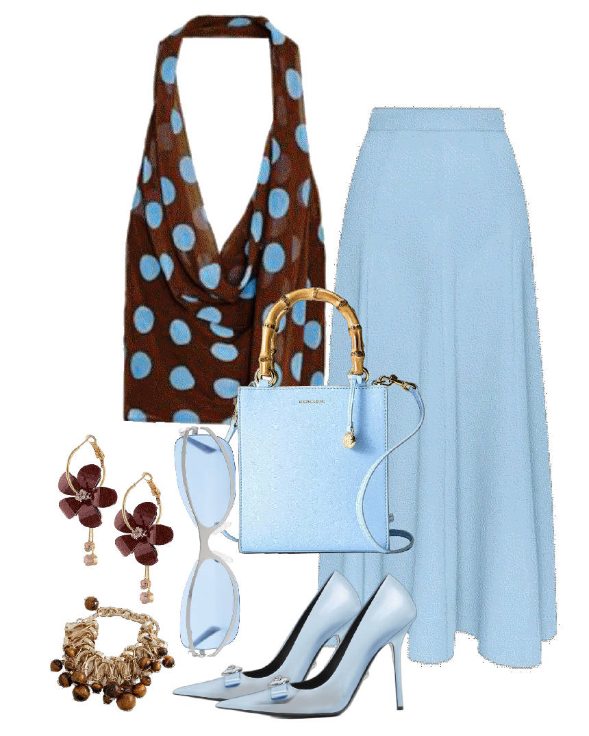 polka dot halter neck top and blue maxi skirt
