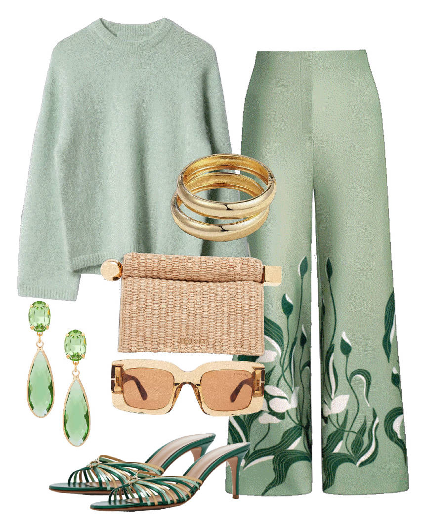 green weater and pants with clutch raffia