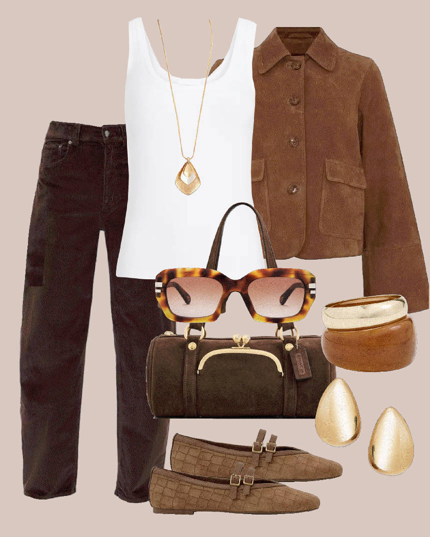 mary jane flats in suede with brown denim pants