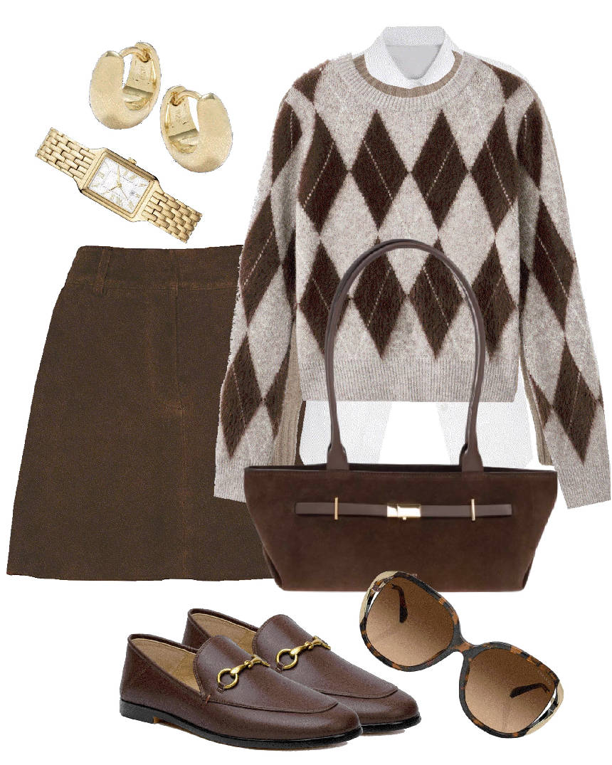 brown mini skirt and preppy sweater style