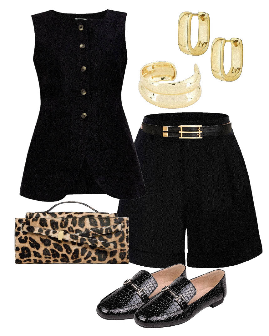 street style in black bermuda shorts and vest with loafers