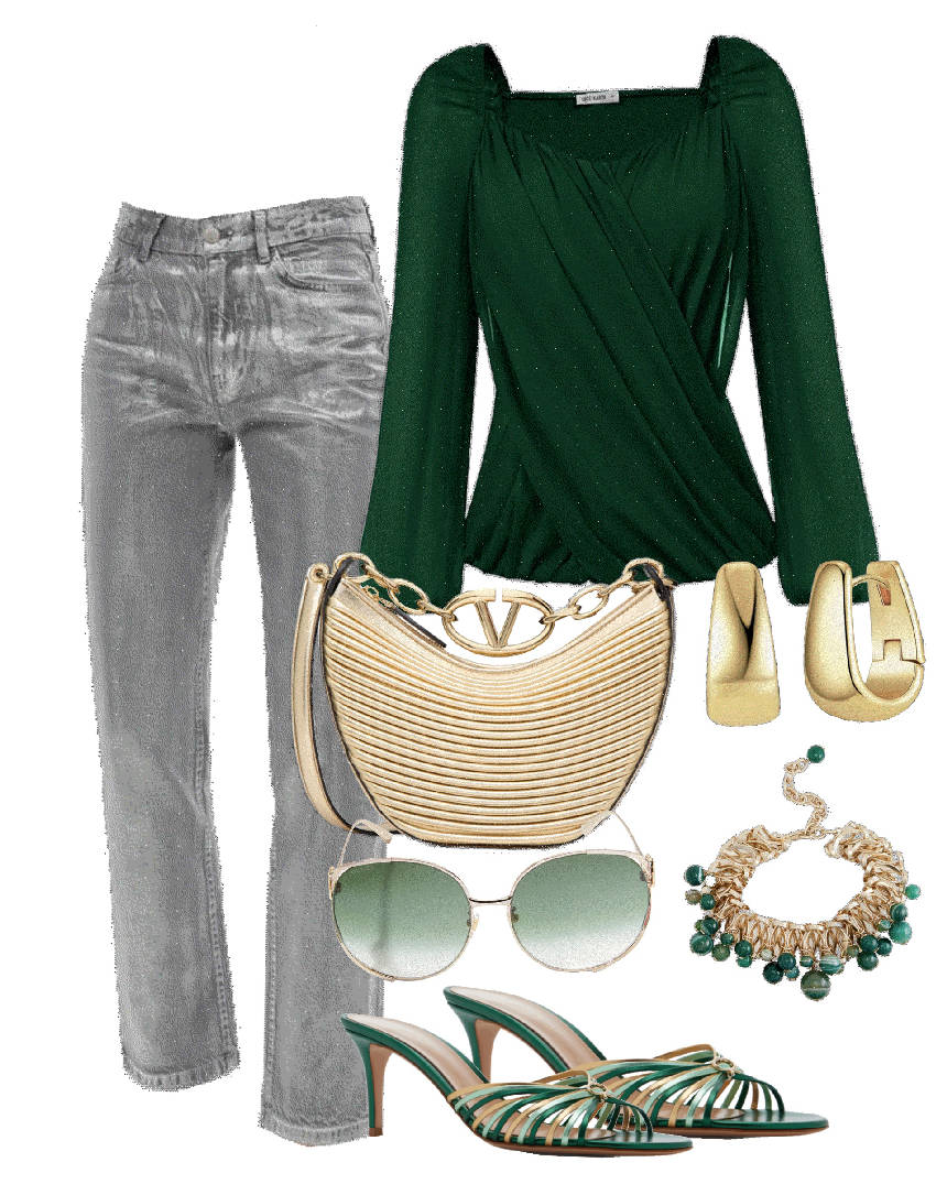 green wrap top with gray jeans