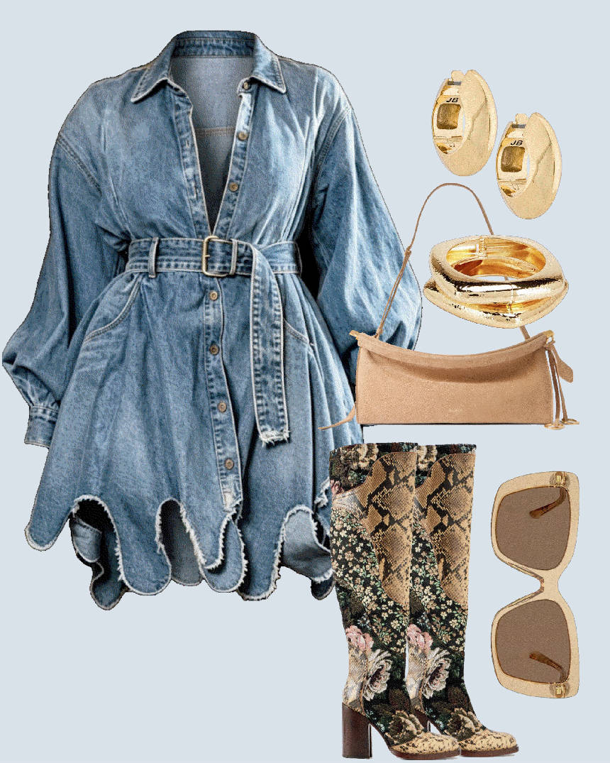 Print knee high boots and a denim min dress