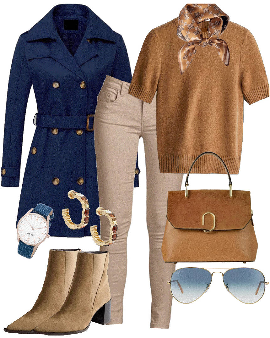 ankle boots in beige with navy trench coat