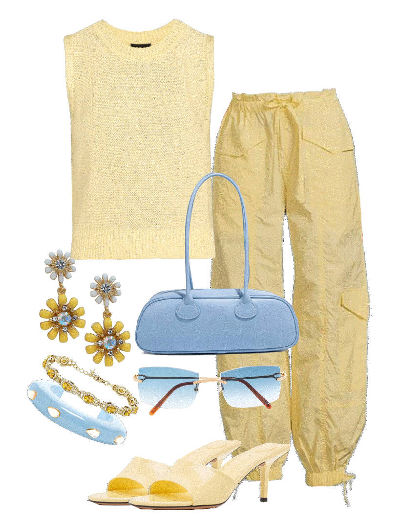butter yellow top and pants with light blue accessories