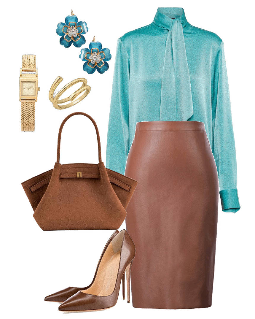 mocha leahter skirt and teal blouse