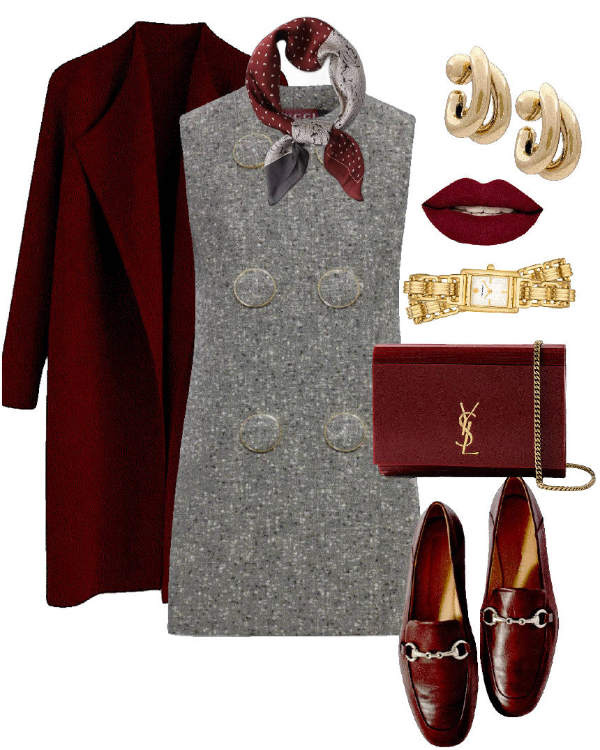 gray mini dress and burgundy loafers