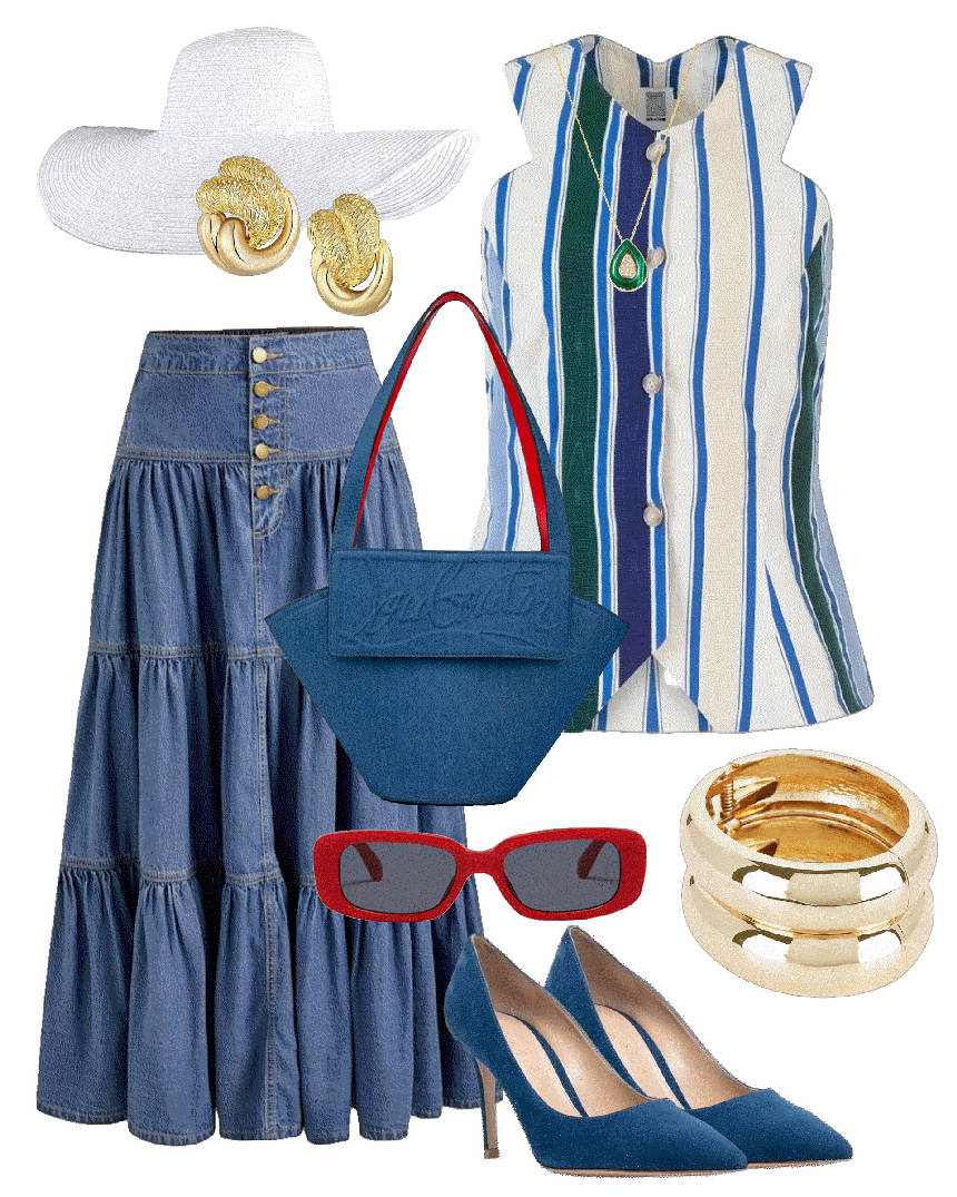 denim maxi skirt straw hat and stripe vest