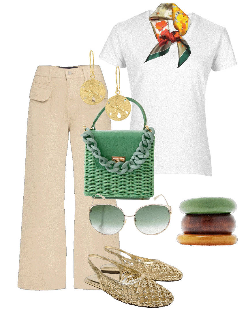 beige linen pants raffia bag and flats